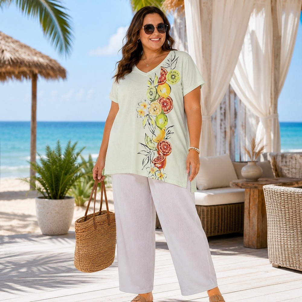 Chicos Travelers Top Size 4 XXL Citrus Fruit Print Tropical Resort Summer Casual